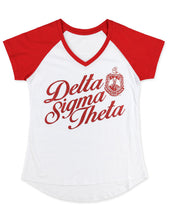 Load image into Gallery viewer, Delta Sigma Theta Wide Bottom V-neck White T-shirt
