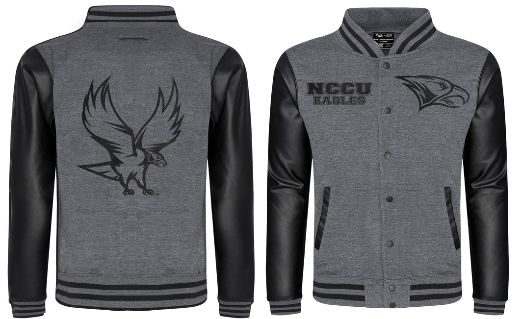 North Carolina Central University Grey Leather Sleeve Varsity Jacket