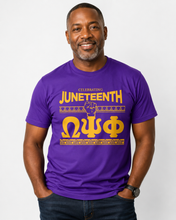 Load image into Gallery viewer, Omega Psi Phi Juneteenth Purple T-Shirt

