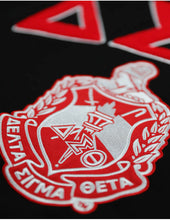 Load image into Gallery viewer, Delta Sigma Theta Black Shield Chenille Hoodie
