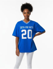 Cargar imagen en el visor de la galería, Zeta Phi Beta OVERSIZED CHENILLE FOOTBALL JERSEY TEE_ROYAL_BLUE
