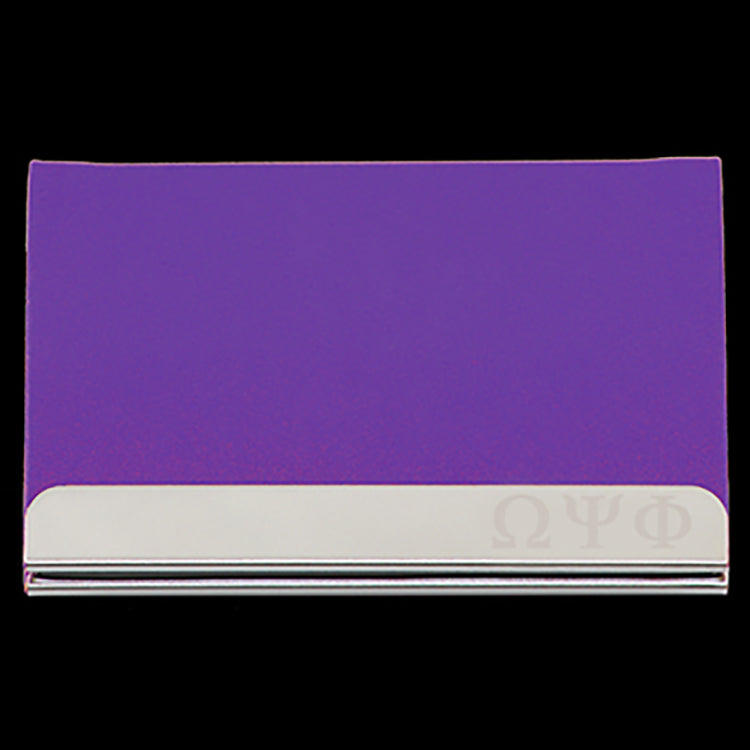 OPP Laser Engraved Business Card Holder - Stainless Steel With Purple Leather